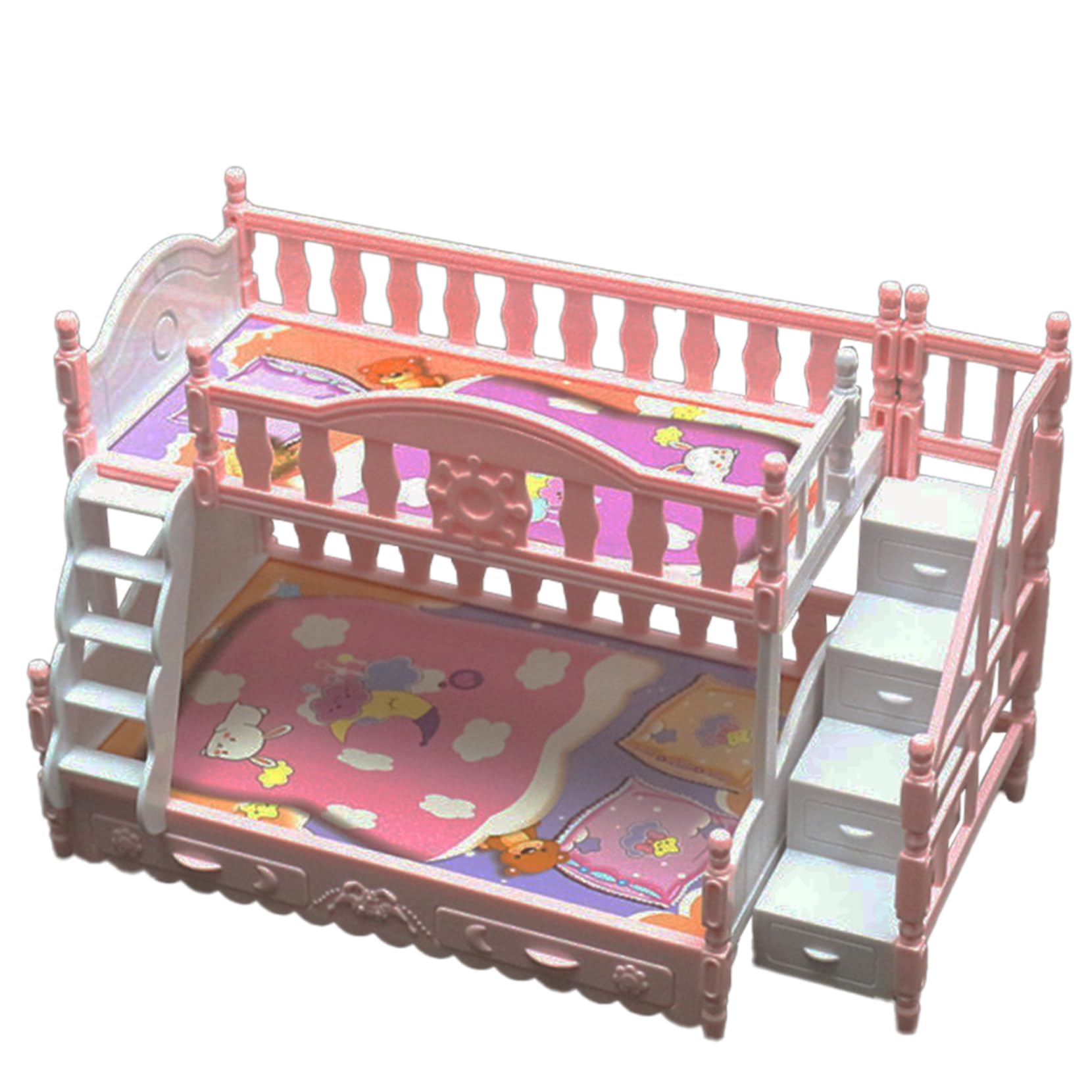 Baby Doll Bunk Bed for Girls Baby Doll Miniature Simulation Cute Cartoon Baby Doll Cot with Stairs Plastic Dollhouse Furniture Birthday Gift