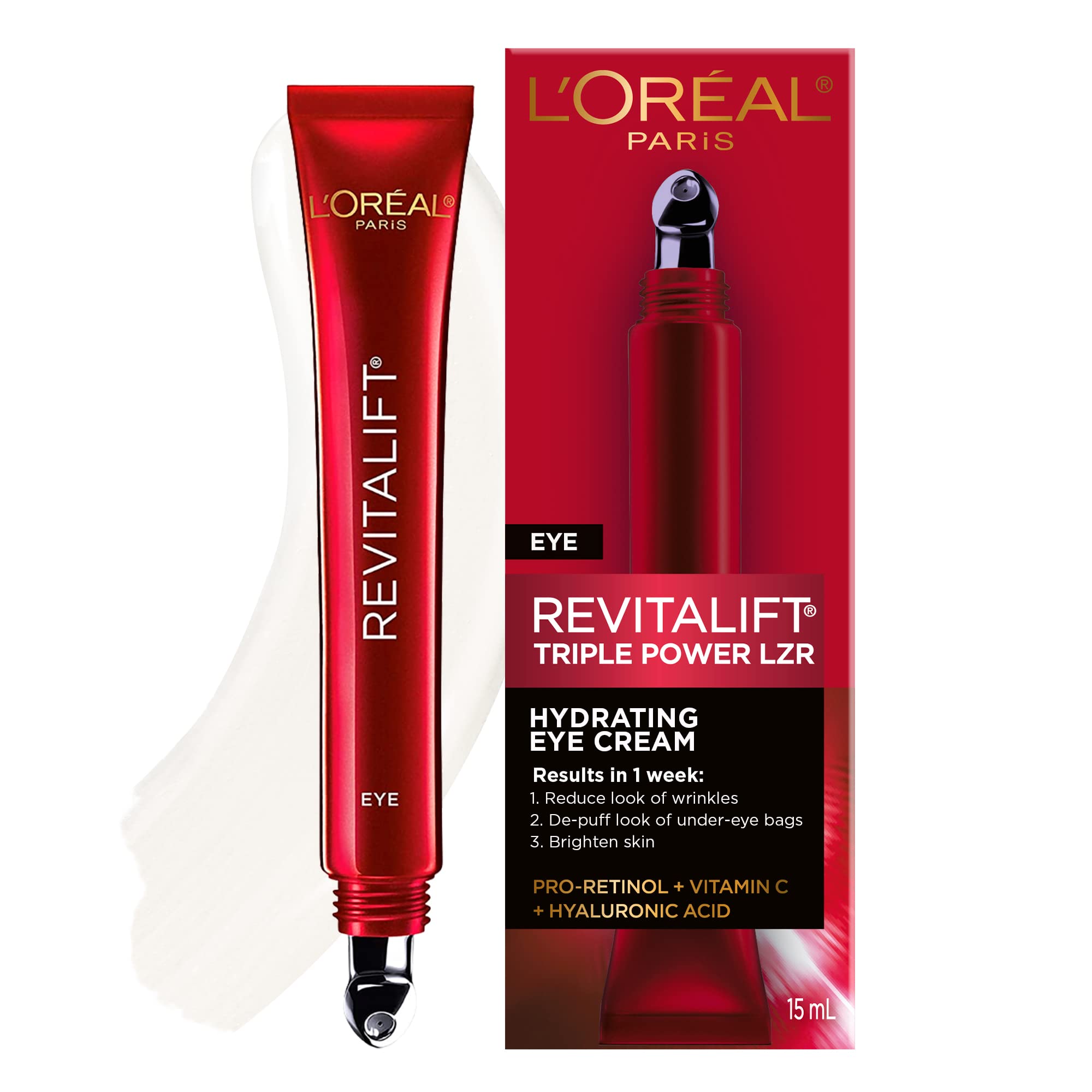 L'Oreal Paris Revitalift Triple Power Anti-Aging Eye Cream, Pro Retinol, Hyaluronic Acid & Vitamin C, Reduce Wrinkles & Puffiness 0.5 fl. oz.
