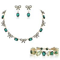 EleQueen Gorgeous Sparkly Emerald Green Multiple-Shape Vibrant Elegant Jewelry Sets for Party Prom, Necklace Bow Earring Bracelet for Women Girls