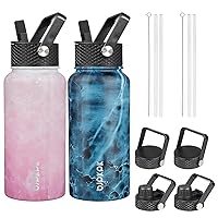 BJPKPK 2 Pack Insulated Water Bottles with Straw Lids, 27oz Stainless Steel Metal Water Bottle with 6 Lids, Leak Proof BPA Free Thermos, Cups, Flasks for Travel, Sports (Blossom+Ocean)
