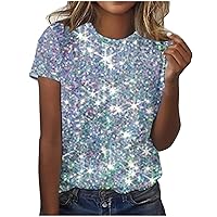 Sparkly Print Tops for Women UK Ladies Tunics Ladies Sparkly Tops Short Sleeve Tunics Shirts Loose Summer Clothes for Women Ladies Round Neck Tunic Blouse Glitter Print T-Shirts Plus Size