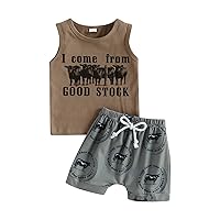 Karuedoo Western Baby Boy Clothes Cow Print Sleeveless Tank Top T-Shirt Solid Shorts Set 2PCS Toddler Cowboy Outfit