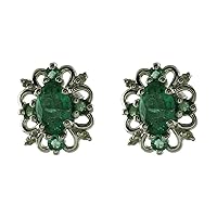 Carillon Emerald Natural Gemstone Oval Shape Stud Anniversary Earrings 925 Sterling Silver Jewelry