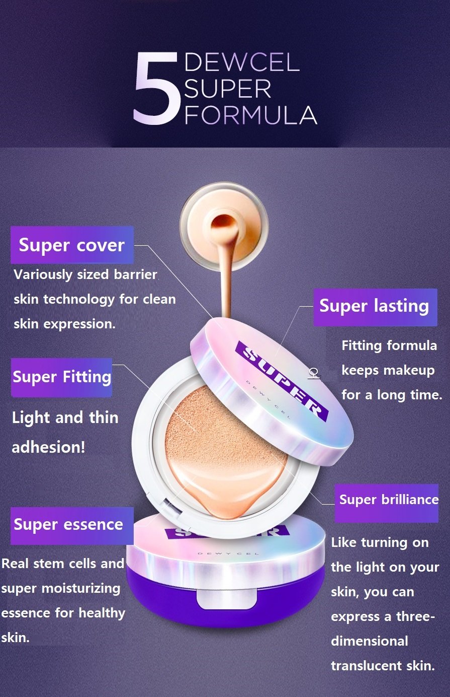 Dewy Cell Super Cover Cushion - Naturall Radiance Moiture Keeper Factors - Whitening, Wrinkle Improvement, UV Protection Triple Functional Cosmetics - Korea Cosmetic (No.21)