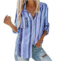 Anjikang Womens Fall Button Down Shirts 2023 Casual Trendy Long Sleeve Collared Striped Loose Casual Dressy Blouses Cute Tees