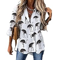 Cartoon Ostrich Bird Long Sleeve Shirts for Women Print Fashion Casual Button Down Tee Tops