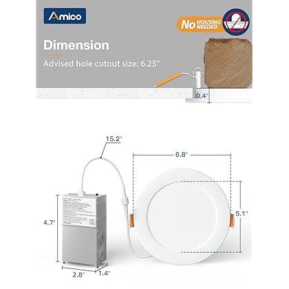 Amico 20 Pack 6 Inch 5CCT Ultra-Thin LED Recessed Ceiling Light with Junction Box, 2700K/3000K/3500K/4000K/5000K Selectable, 12W Eqv 110W, Dimmable Can-Killer Downlight, 1050LM Wafer Lighting - ETL