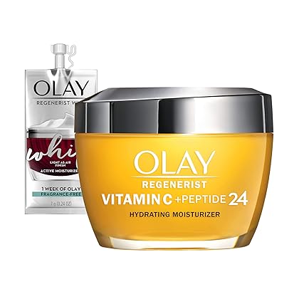 Olay Regenerist Vitamin C + Peptide 24 Brightening Face Moisturizer for Brighter Skin, Lightweight anti-aging cream for dark spots, Includes Olay Whip Travel size for dry, 1.7 oz