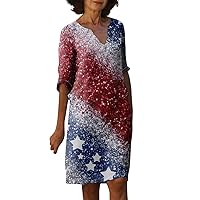 Dresses for Women 2024 Summer Casual Half Sleeve V-Neck Independence Day Print Tunic Vintage Cocktail Party Dress