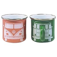 BRISA VW Collection - Volkswagen 2-piece Enamel Coffee-Tea Mug Cup Set for Camping & Outdoor T1 Bus (Green/Rose)