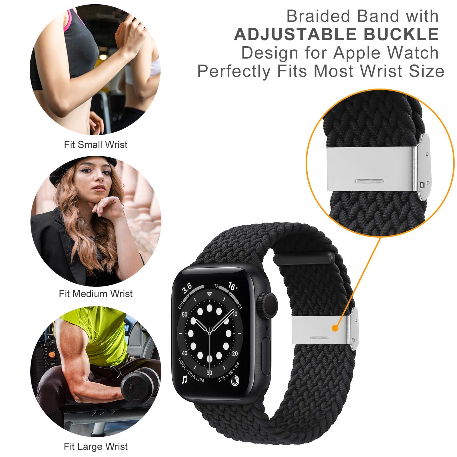 Bandiction Compatible with Apple Watch Bands 40mm 38mm, iWatch Bands for Women Men, Adjustable Braided Solo Loop with Buckle Elastic Sport Bands for iWatch SE Series 6/5/4/3/2/1, Pack of 2…