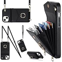 Smartphone Flip Cases Crossbody Wallet Case for iPhone 14 Plus, RFID Blocking Protective Case PU Leather Flip Cover, Rotation Ring Stand Case with Card Slots Holder Detachable Wrist Strap Lanyard Flip