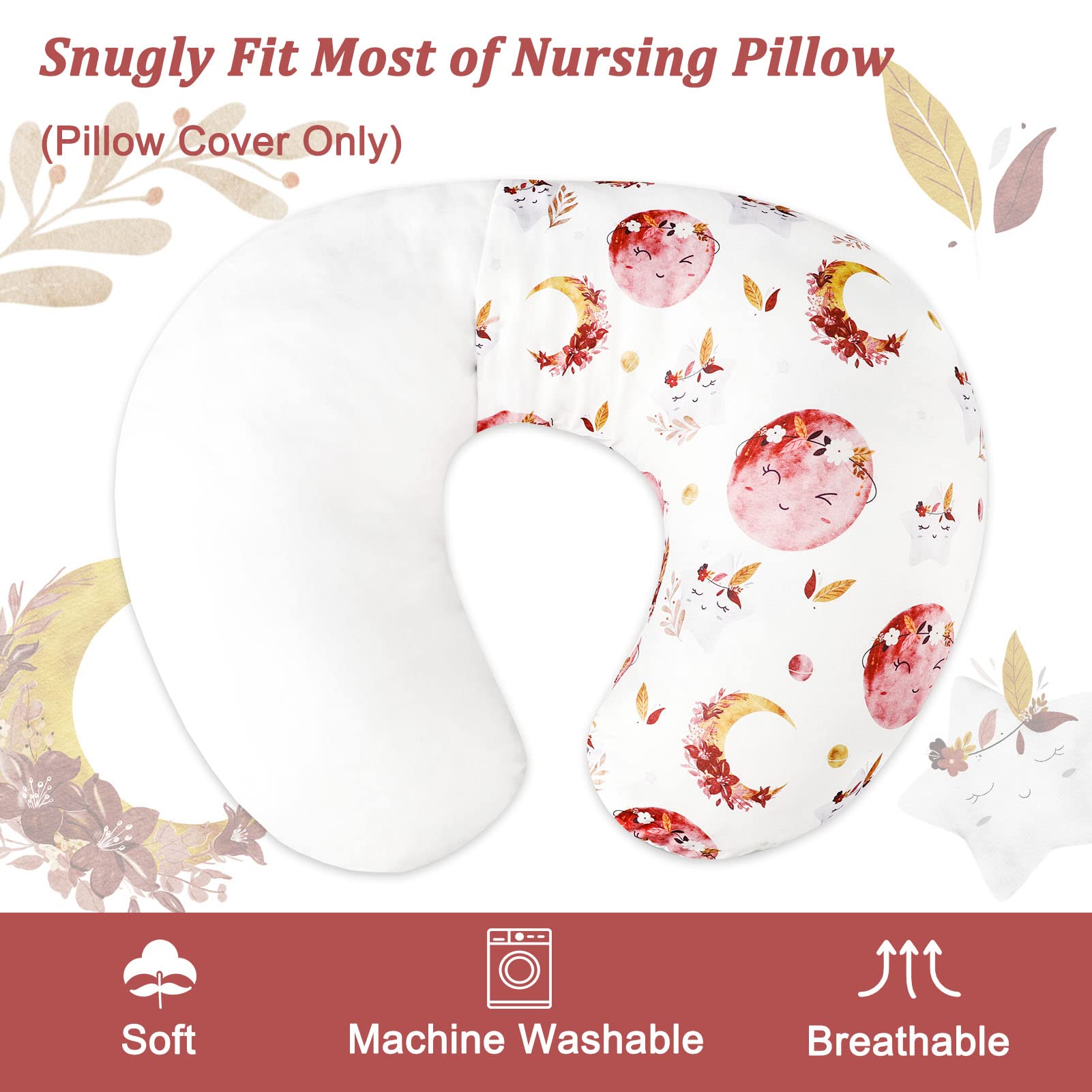 Jundetye Baby Nursing Pillow Cover, Removeable Breastfeeding Pillow Slipcover, Nursing Pillow Case for Newborn Boys Girls, Soft Fabric Fits Snug On Infant, Washable & Breathable, Moon Star