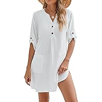 Blooming Jelly Womens Swimsuit Coverup Beach Swimwear Cover Ups Roll Sleeve Bathing Suit Cover up Shirt Dresses