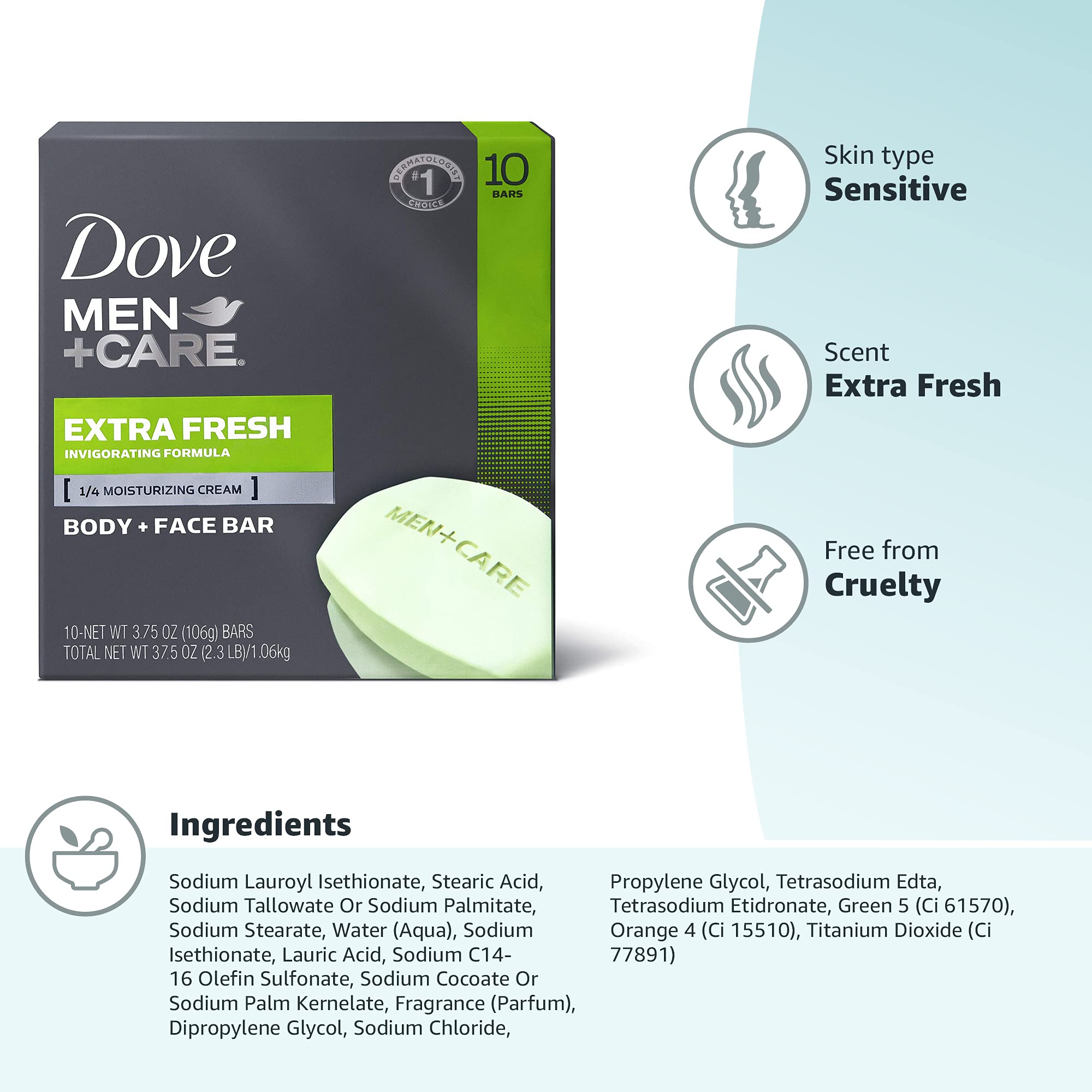 Dove Men+Care 3 in 1 Bar To Clean and Hydrate Skin Extra Fresh More Moisturizing Than Bar Soap 3.75 oz 10 Bars