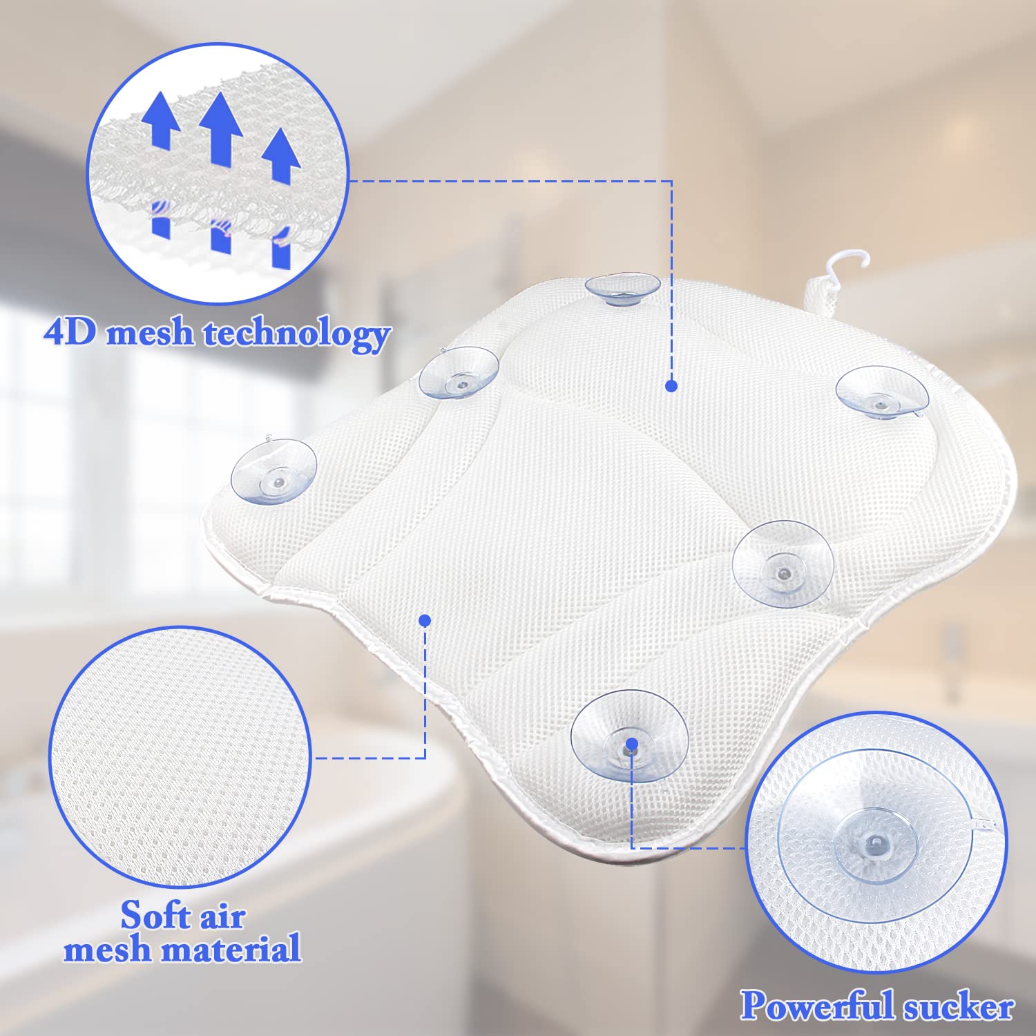 Bath Pillow for Tub Comfort Bathtub Pillow, Ergonomic Bath Pillows for Tub Neck and Back Support with 6 Suction Cups, Ultra-Soft 4D Air Mesh Design SPA Tub Bath Pillow for Women & Men