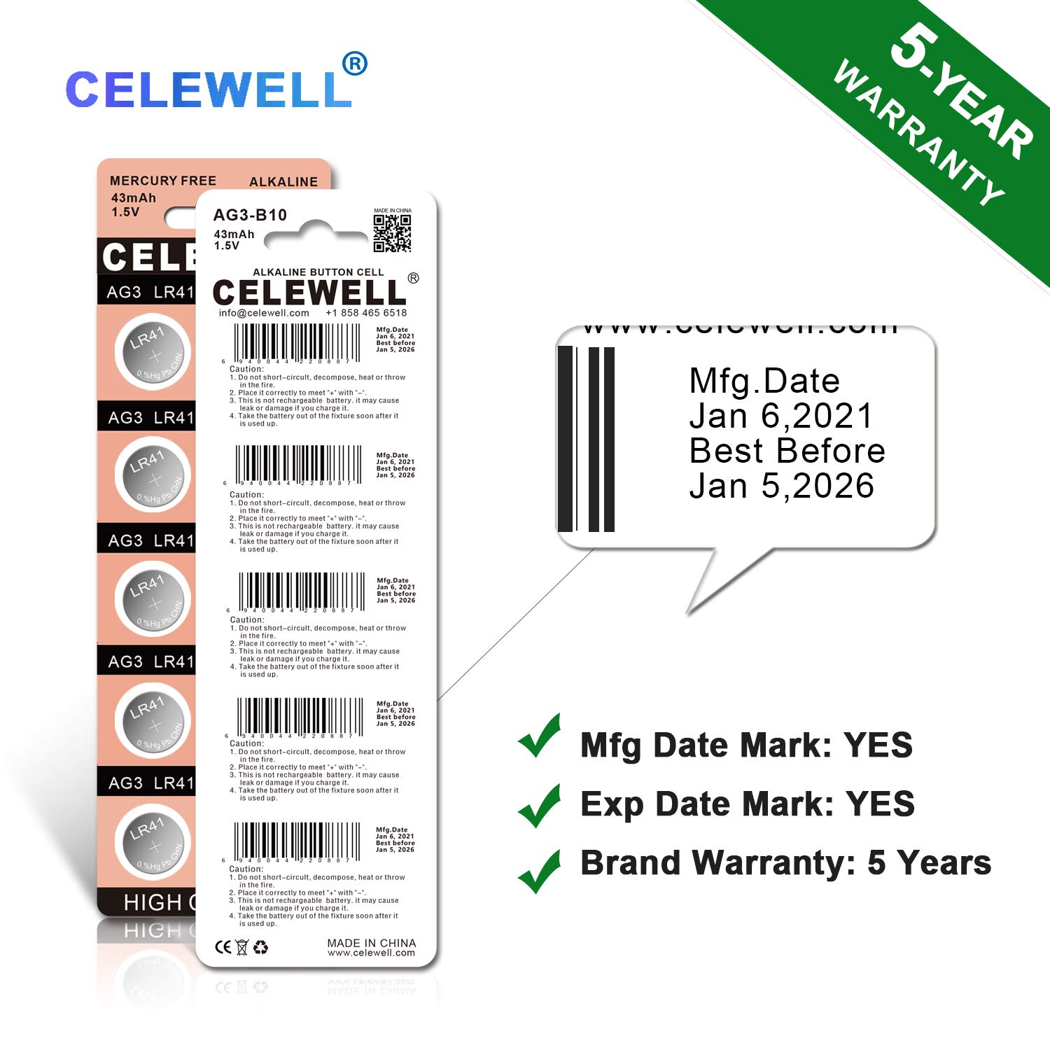 【5 Year Warranty】 CELEWELL 20pcs LR41 Battery for Digital Thermometer AG3 L736 GP192 392 Button Cell Batteries 43mAh