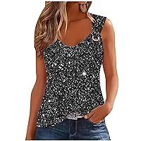 O-Ring Strap Tank Tops for Women 2024 Going Out Tops Glitter Graphic Print Casual Camisole Summer Fashion Colthes