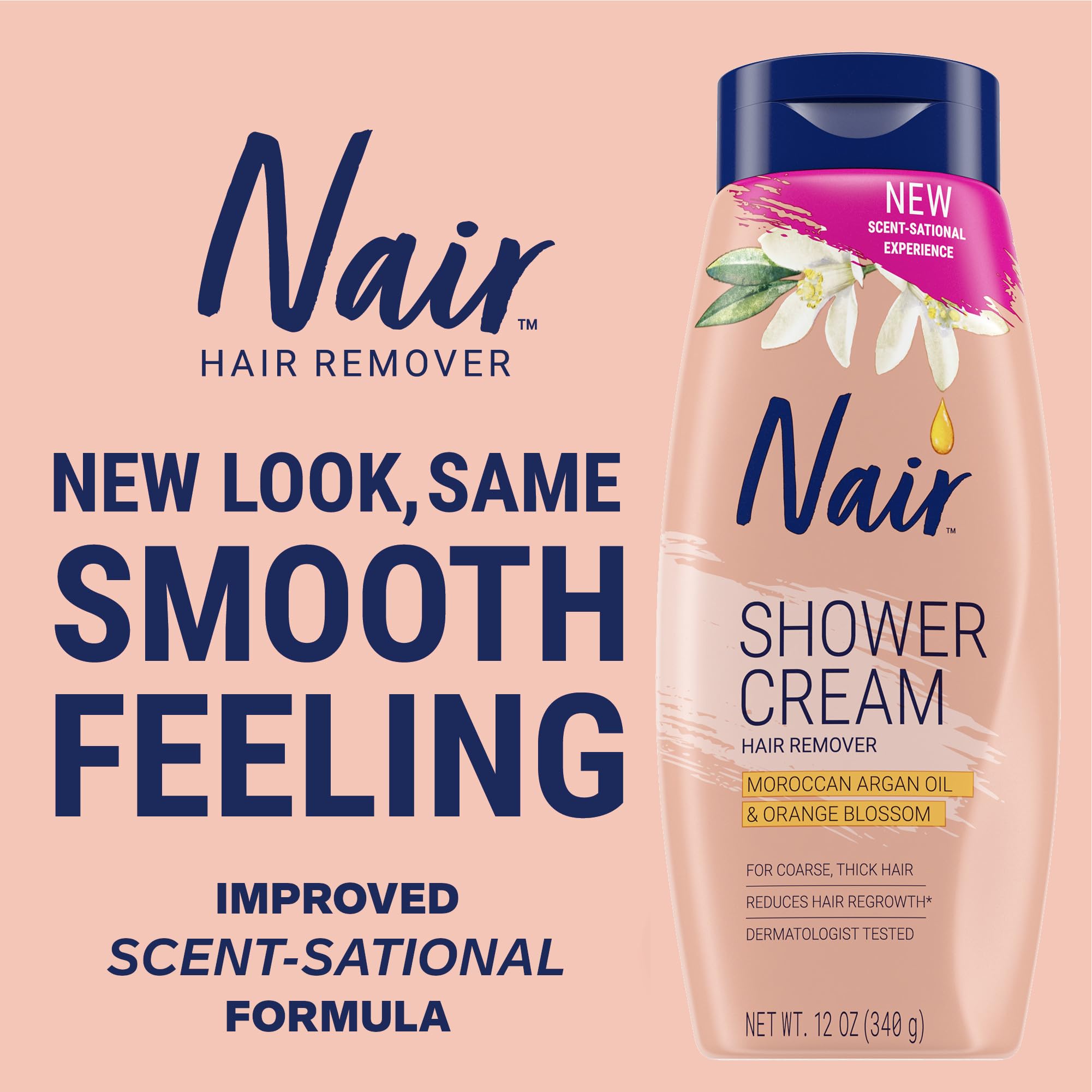 NAIR Shower Cream Hair Remover with Moroccan Argan Oil and Orange Blossom, Body Hair Removal Cream for Women, 12 oz
