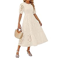 ZESICA Women's 2024 Summer Short Puff Sleeve Crewneck Smocked Floral Lace Flowy A Line Tiered Maxi Dresses,White,XX-Large