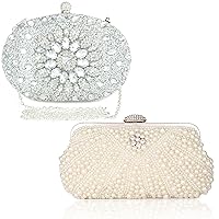 Women's Handbag Silver Beaded Clutch Purse Evening Bag and Beige Formal Pearl Clutch Purse Satchel Bag Cocktail Casual Party Prom Gifts for Women (pack of 2)