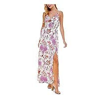 Womens White Stretch Smocked Slitted Floral Spaghetti Strap V Neck Maxi Party Empire Waist Dress Juniors M