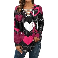 Valentines Day Shirts for Women V Neck Long Sleeve Shirt with Drawstring Love Heart Valentines Tops Clothing