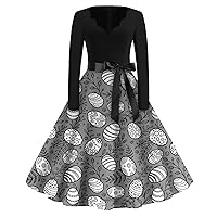 Fit and Flare Dress for Women Fashion V-Neck Casual Slim Easter Print Long Sleeve Dresses