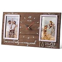 Anniversary Wooden Clock with Dual Photo Frame, Personalized 1-99 Years Wedding Gift for Couples, Silent Battery Operated Desk Clock, Wall Decor, Then & Now Family Picture Frame