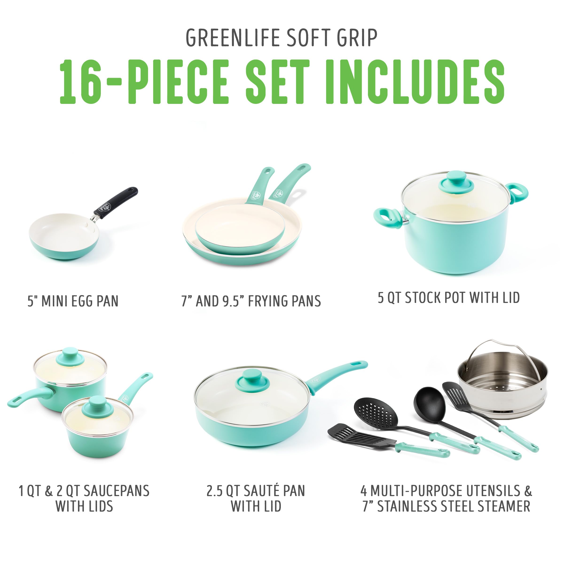 GreenLife Soft Grip Healthy Ceramic Nonstick 16 Piece Kitchen Cookware Pots and Frying Sauce Pans Set, PFAS-Free, Dishwasher Safe, Turquoise