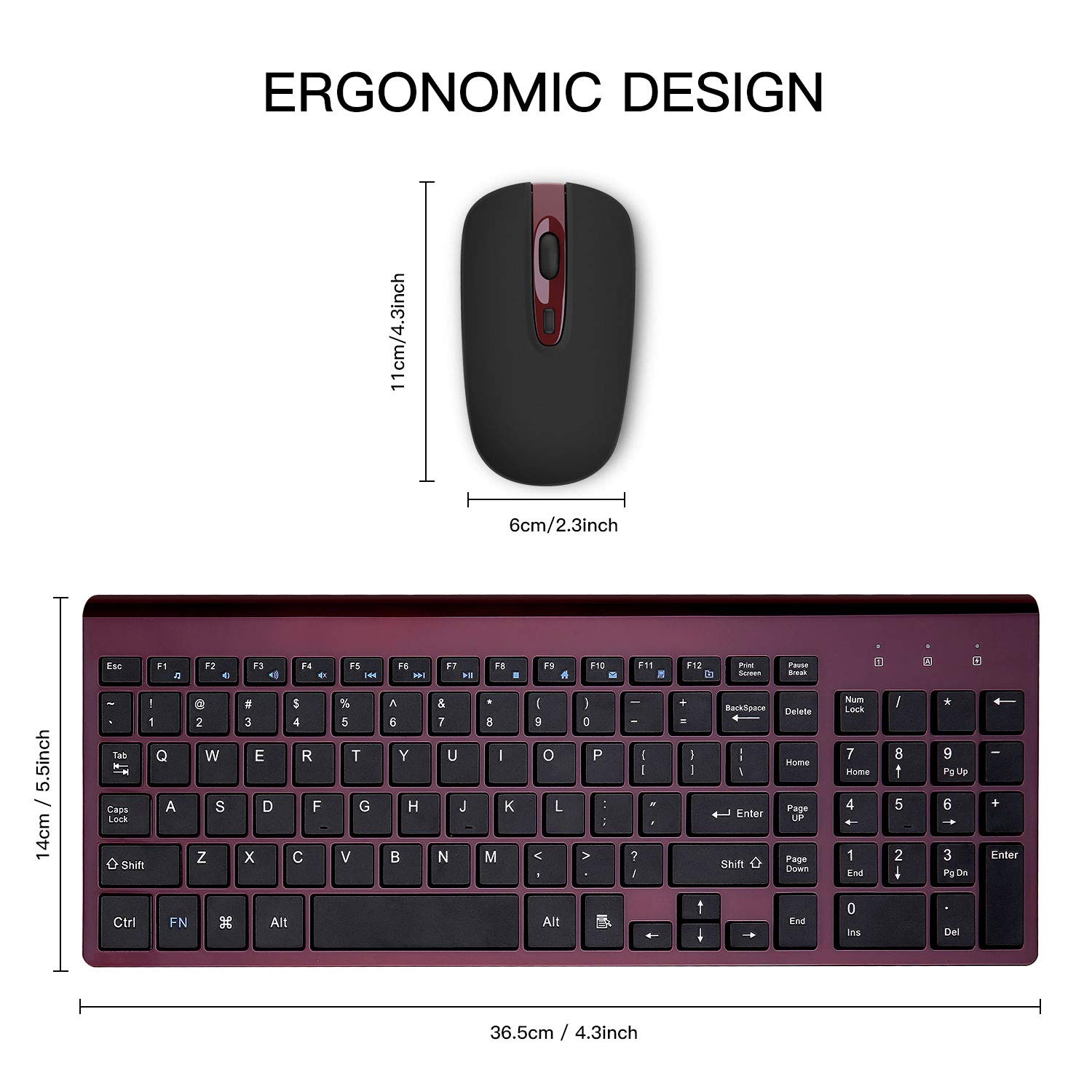 Wireless Keyboard and Mouse Combo, cimetech Compact Full Size Wireless Keyboard and Mouse Set 2.4G Ultra-Thin Sleek Design for Windows, Computer, Desktop, PC, Notebook - (Wine red)
