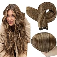 Full Shine Weft Extensions Straight Remy Hair Sew In Hair Extensions Weft Extensions Soft Silky Hair Double Weft Extensions Color Medium Brown Highlight Honey Blonde Hair Bundles 105G 20 Inch
