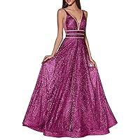 Women's Sparkle V-Neck Tulle Prom Dresses Long Glitter Formal Evening Dresses Ball Gowns