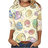 3/4 Sleeve Shirts for Womens 2024 Casual Tops Teen Girls Trendy Summer Blouses Round Neck Easter Print Loose T-Shirt