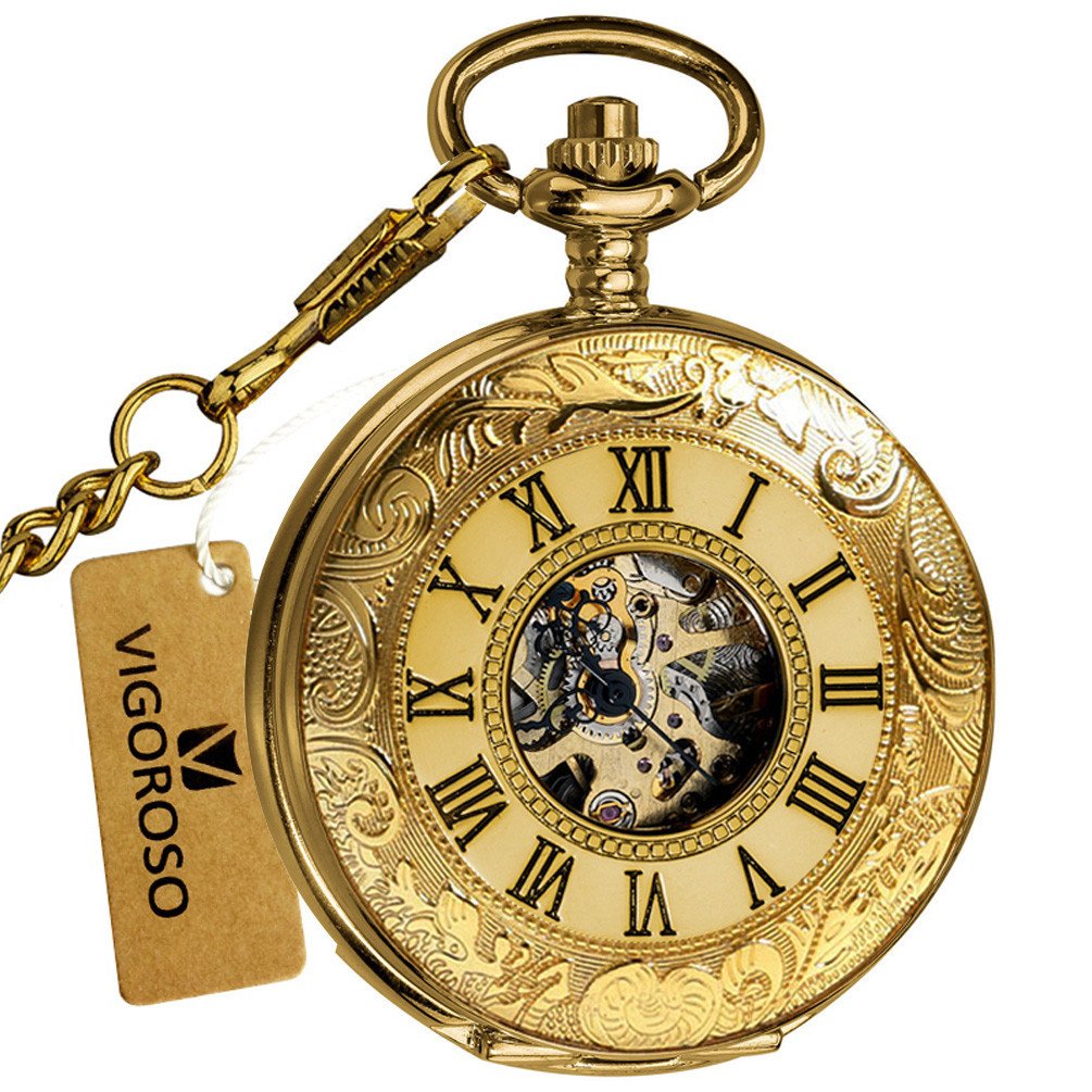 VIGOROSO Mens Pocket Watch with Chain Half Hunter Double Cover Skeleton Mechanical Watches Gold in Box+ Mens Pocket Watch with Chain Skeleton Hand Wind Mechanical Watches for Men, Gift for Husband