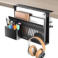 Litwaro Desk Side Storage Organizer, Under Desk Laptop Holder Clamp on Desk Shelf, No Drill Laptop Desk Mount with Magnetic Pen Holder, Hanging Desk Organizer Fits Flat Edge Desk 0.4