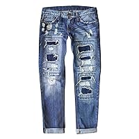 Womens Plus Size Halloween Plaid Patch Boyfriend Ripped Jeans Vintage Patchwork Distressed Stretch Skinny Denim Pants