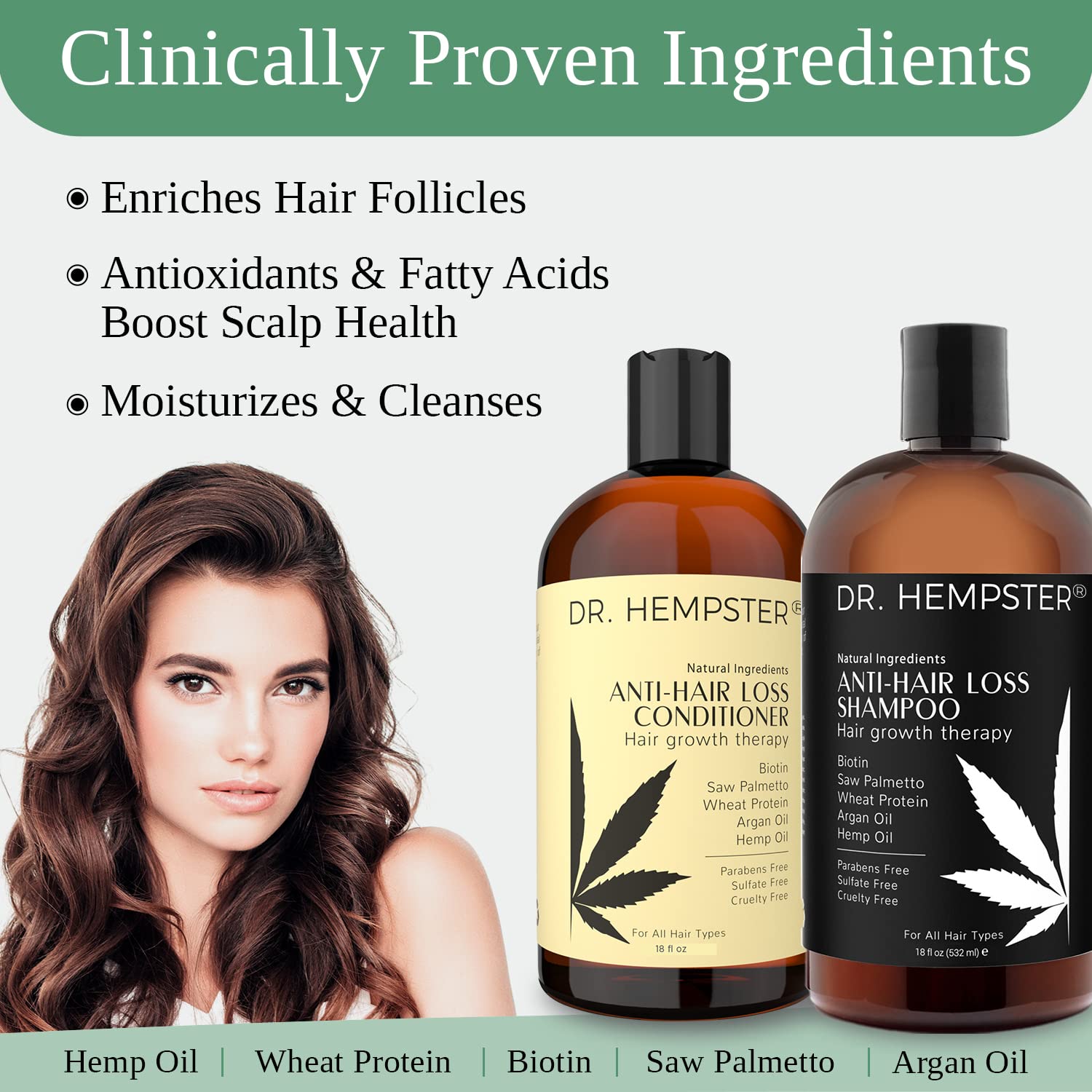 Hair Growth Shampoo and Conditioner Set for Thinning Hair and Hair Loss for Men and Women 18 oz - Hemp Oil, Biotin, Natural and Organic Ingredients - Hair Thickening and Volumizing