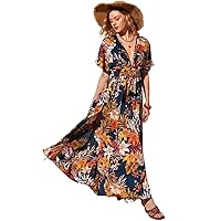 Womens Fall Fashion 2022 Tropical Print Split Thigh Dress (Color : Multicolor, Size : Large)
