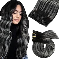 Moresoo Clip in Hair Extensions Human Hair Balayage Black with Silver Real Hair Extensions Clip in Human Hair 2packs 14inch+16inch