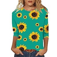 3/4 Sleeve Tops for Women Round Neck Sunflower Printed Tees Trendy Cute T-Shirt Comfy Loose Fit Tops Casual Shirts