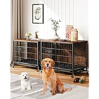 Dog Crate Furniture, 2024 Deluxe Wooden Dog Kennel with Removable Tray and Wheels, Heavy-Duty Double-Doors 27.2