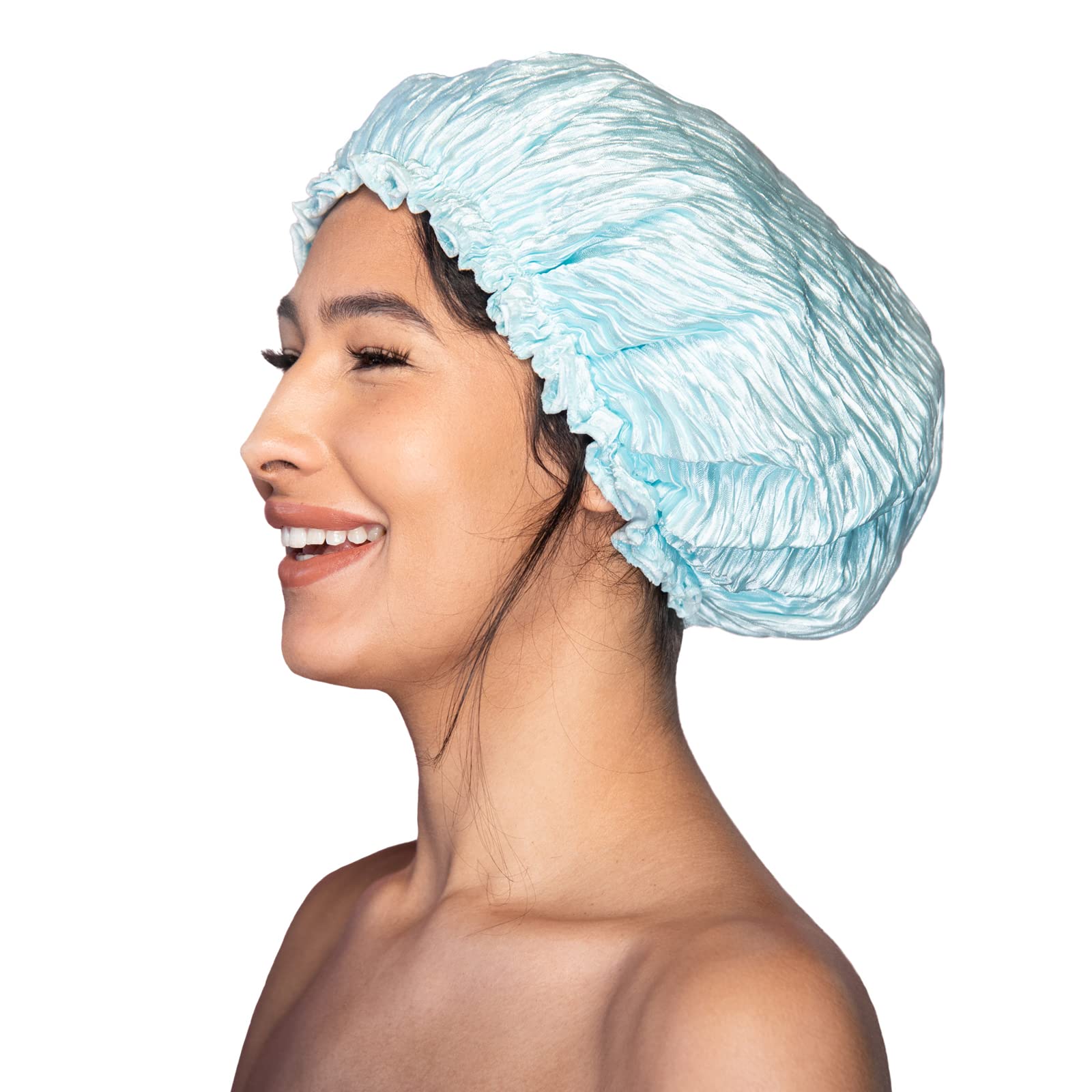 KISMETICS - Crinkled Shower Cap, Large & Reusable Double Layer Shower Cap Lined with Waterproof Material, Pleated Fabric with Ruffle Trim, Large Size for All Hair Lengths (Blue)