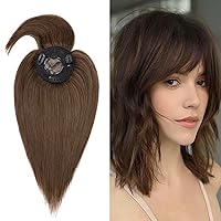 MY-LADY Human Hair Topper for Womem with Bangs Natural Mono Base Topper Medium Brown 10 Inch 100% Real Human Hairpieces Clip in Bangs Wiglets Hair Piece for Hair Loss Thinning Hair Gray #4