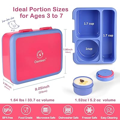  Genteen Kids Bento Box with Ice Packs and Insulated Lunch Bag,  Kids Lunch Box with Leak Proof Food Cup -Perfect for Toddler Lunch Box for  Daycare, School - Ideal Portion Sizes