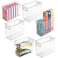 mDesign Plastic Tall Food Storage Organization Container Bin with Handles for Kitchen, Pantry, Cabinet, Fridge/Freezer, Countertop - Organizer for Snacks/Appliances, Ligne Collection, 6 Pack, Clear