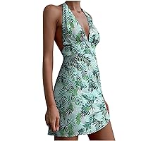 Women's Dress Sleeveless Knee Length V-Neck Trendy Glamorous Swing Casual Loose-Fitting Summer Print Flowy Beach