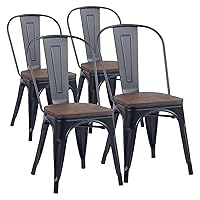 YOUNIKE Metal Dining Chairs Set of 4 Iron Stackable Removable Back Wood Seat Patio Chairs Rubber Feet Stylish Modern Indoor Outdoor Classic Chic Industrial Vintage Bistro Kitchen Matte Black