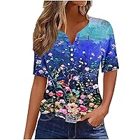 Women's Henley Shirts Summer Retro Flower Print T-Shirt Short Sleeve V Neck Button Down Tee Tops Casual Blouse