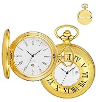 Personalized Customize Gold Hollow Roman Digital Pocket Watch Cover for Men, Calendar Roman Dial Men's Quartz Pocket Watch with Chain-Gold